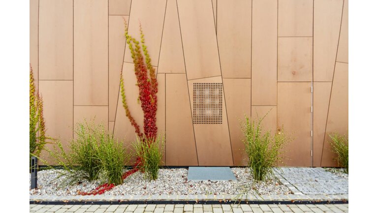 Vertikal strukturierte Holzverkleidung mit Pflanzen im Vordergrund, die einen natürlichen Akzent setzt.